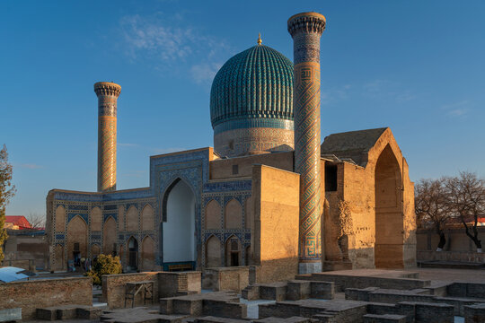 Dome and minarets of the Gur-e-Amir Mausoleum on a sunny evening, Samarkand, Uzbekistan