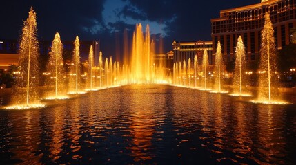 Illuminated Fountains at Night in Las Vegas