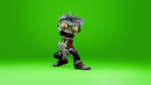 Green screen video featuring a cartoon zombie child performing a subtle dance move, isolated on a chroma key background for easy compositing into various projects