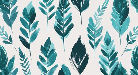 Fototapeta premium teal leaves acrylic brush strokes abstract pattern art design on plain white background illustration