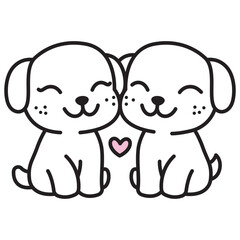 Cute Twins Couple White Puppies Dog Pet Character Falling in Love in Doodle Style