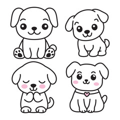 Set of Cute White Puppy Dog Pet Animal Character in Doodle Style