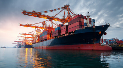 朝日や夕暮れの港で荷役中の大型コンテナ船とグローバル物流の風景航海運搬
