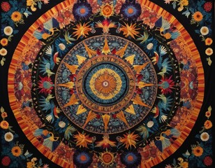 Fototapeta premium A vibrant circular tapestry featuring an intricate design of colorful flowers and delicate birds, beautifully woven with rich textures and patterns.