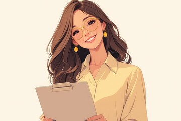 Fototapeta premium Smiling woman with clipboard, ready to assist with a bright, friendly face