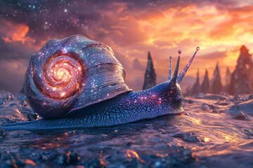 A 3D alien snail with a crystal shell filled with swirling galaxies, slowly gliding across a liquid metal landscape under a cosmic sky,  created by ai
