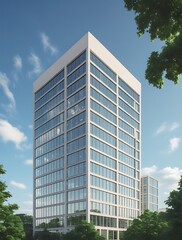 Fototapeta premium Modern office building with glass facade and clean architectural lines surrounded by green trees under a bright blue sky, symbolizing business, growth, and sustainability 