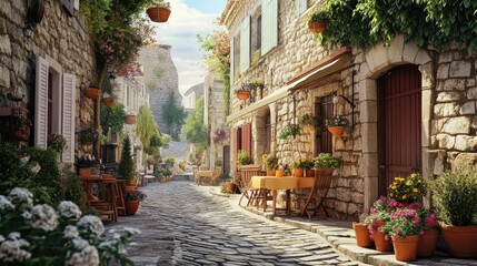Fototapeta premium Narrow cobblestone street in a charming European village with yellow and beige stone buildings