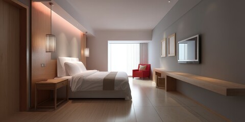Serene Minimalist Hotel Bedroom: Wooden Accents and Soft Lighting