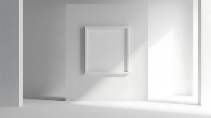 Blank picture frame mockup on gray wall. White living room design. View of modern scandinavian style interior with artwork mock up on wall. Home staging and minimalism concept