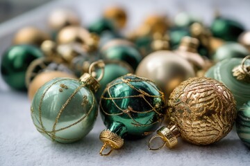 A collection of green and gold Christmas ornaments.