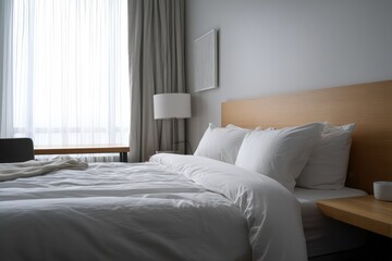 Fototapeta premium Serene Hotel Bedroom: Crisp White Bedding, Natural Light