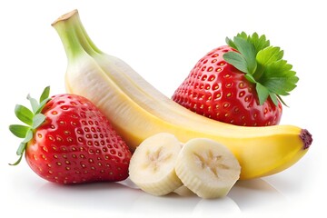 Banana and Strawberry Isolated on White Background with Clipping Path Fresh Cut Out Fruit Stock Photo