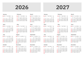 Monthly calendar template for 2026 and 2027 year. Desk calendar 2026 and 2027 design, simple and clean design, Wall calendar for print, digital calendar, Corporate design planner template vector.
