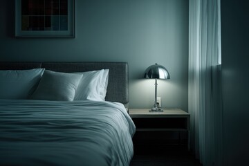 Serene Bedroom: Moody Teal Walls, Soft Bedding, and a Polished Metal Lamp