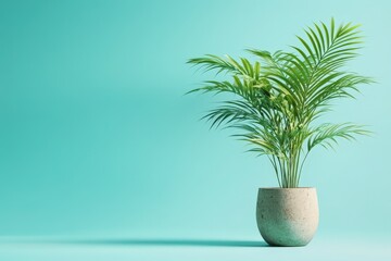 Obraz premium Minimalist palm plant in a concrete pot against a teal backdrop.
