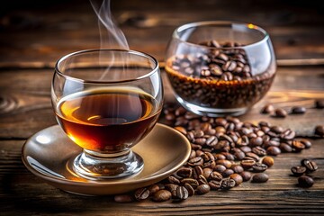 Cup of Black Coffee and Alcohol Glass on Saucer &ndash; Elegant Beverage Stock Photo for Food and Drink Concepts