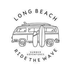 Vector illustration on the theme of surfing and surf, t-shirt graphics, print, poster, banner, flyer, postcard
