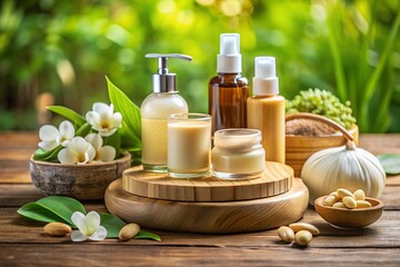 Natural Skincare Products Swatches with Dropper and Green Plants on Blue Background