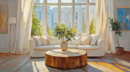 Bright living room with large windows, sheer curtains, and potted plants