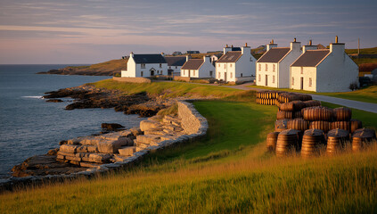 Coastal village with white houses and barrels on a grassy hill near the ocean at sunset time view