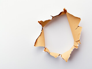 A torn paper with a hole in the middle revealing a white background on a plain white surface area view