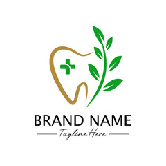 Dental logo design with tooth and green leaf accents for dentistry branding	
