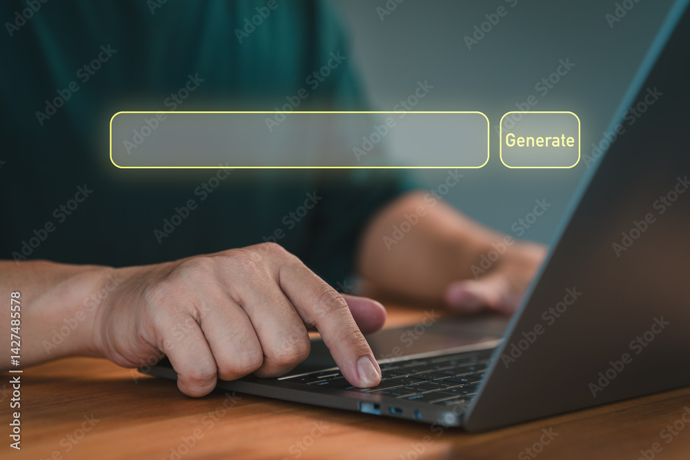 Poster Close-up of a person using a laptop with a glowing search bar and 