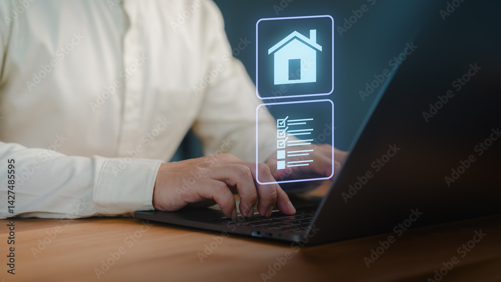 Leinwandbilder person using a laptop with virtual home and checklist icons, representing real estate management or 