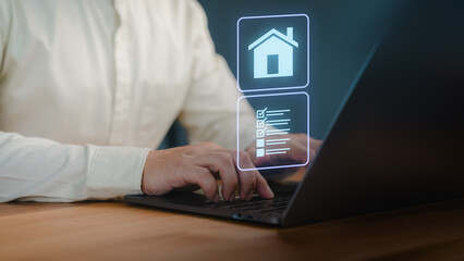 Person using a laptop with virtual home and checklist icons, representing real estate management or digital property tasks. Property analysis and checklist in a modern workspace.
