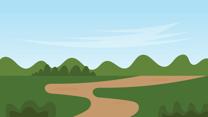 Fototapeta premium green filed with pathway and mountain with blue sky background. landscape cartoon scene
