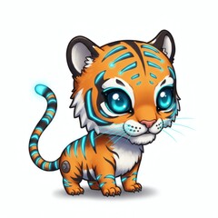 Fototapeta premium Cute Tiger Cub Standing with Glowing Neon Stripes