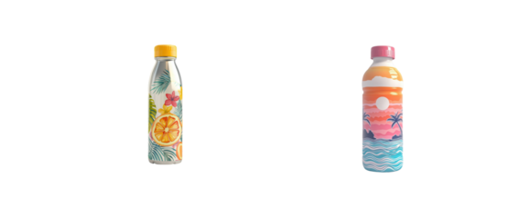 Colorful Tropical Water Bottles with Artistic Designs and Labels