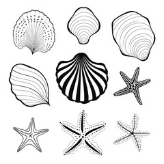 Simple Black Line Seashell Icon Set for Beach Decor
