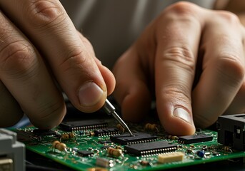 Close-up of Hands Carefully Soldering a Microchip onto a Circuit Board
