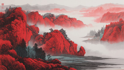 Red mountains and trees covered in fog in a chinese painting style landscape art scene view image