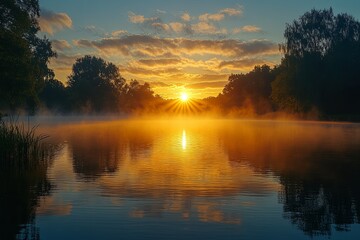 Obraz premium Golden sunrise reflected beautifully over serene misty waters and trees