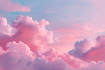 A view of fluffy pink and purple clouds filling the sky in a dreamy and ethereal atmosphere scene