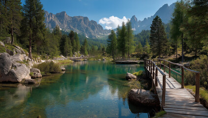 A scenic view of a lake with a wooden bridge and mountains in the background on a sunny day outdoors
