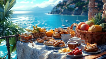 A beautifully set breakfast table overlooking a turquoise sea view