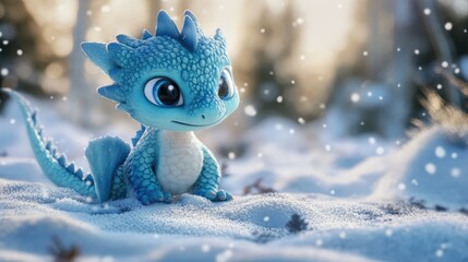 A cute, small, blue dragon with large amber eyes, tiny wings, and red inner ears sits in the snow.