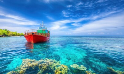 Obraz premium Red cargo ship at tropical island, clear water, coral reef