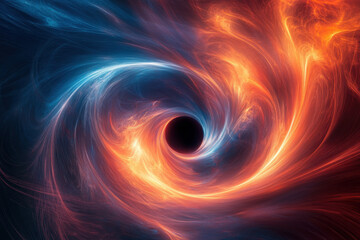 Black hole at the center of a blue and orange vortex, cosmic energy swirling intensely.