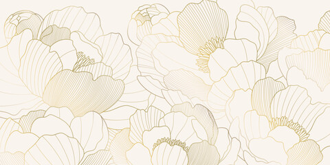 Elegant gold line drawing of peonies flowers on a light background. Minimalist oriental vector design, perfect for luxury prints, patterns, or backgrounds. © Valedi 