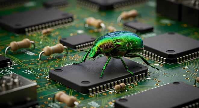 Green beetle bug on circuit board computer chip technology glitch error hardware software debug cybersecurity problem solution