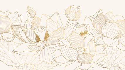 Elegant gold line drawing of lotus flowers and leaves on a light background. Minimalist oriental vector design, perfect for luxury prints, patterns, or backgrounds.