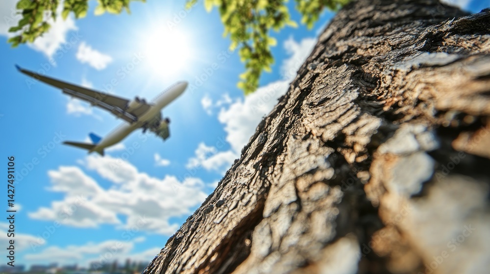 Poster a detailed close-up of the bark of a barren tree, with a blurred airplane wing visible in the out-of