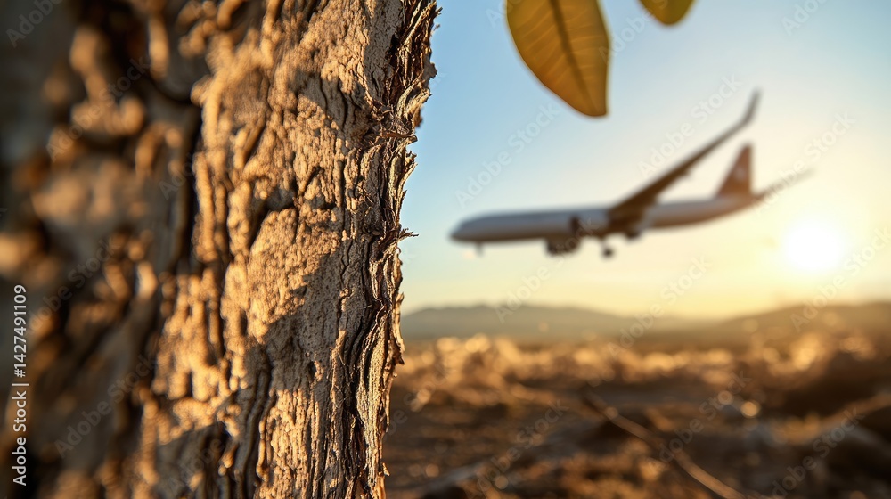 Poster a detailed close-up of the bark of a barren tree, with a blurred airplane wing visible in the out-of