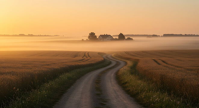 Golden sunrise over a misty farm field with a winding dirt road leading to a farmhouse in the countryside