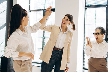 Businesswomen high-fiving celebrating success in office
